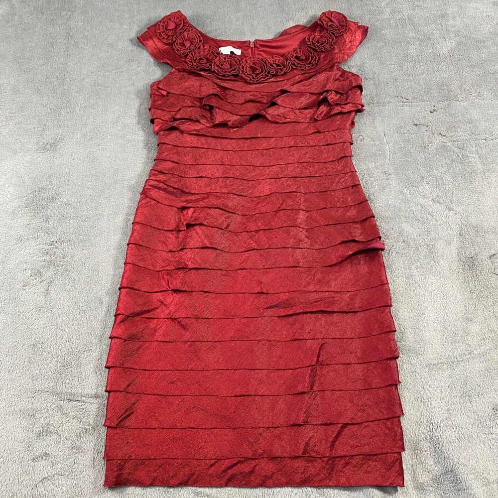 London Times Sheath Dress Womens 6 Red‎ Rosette Tiered Ruffle Metallic Cocktail